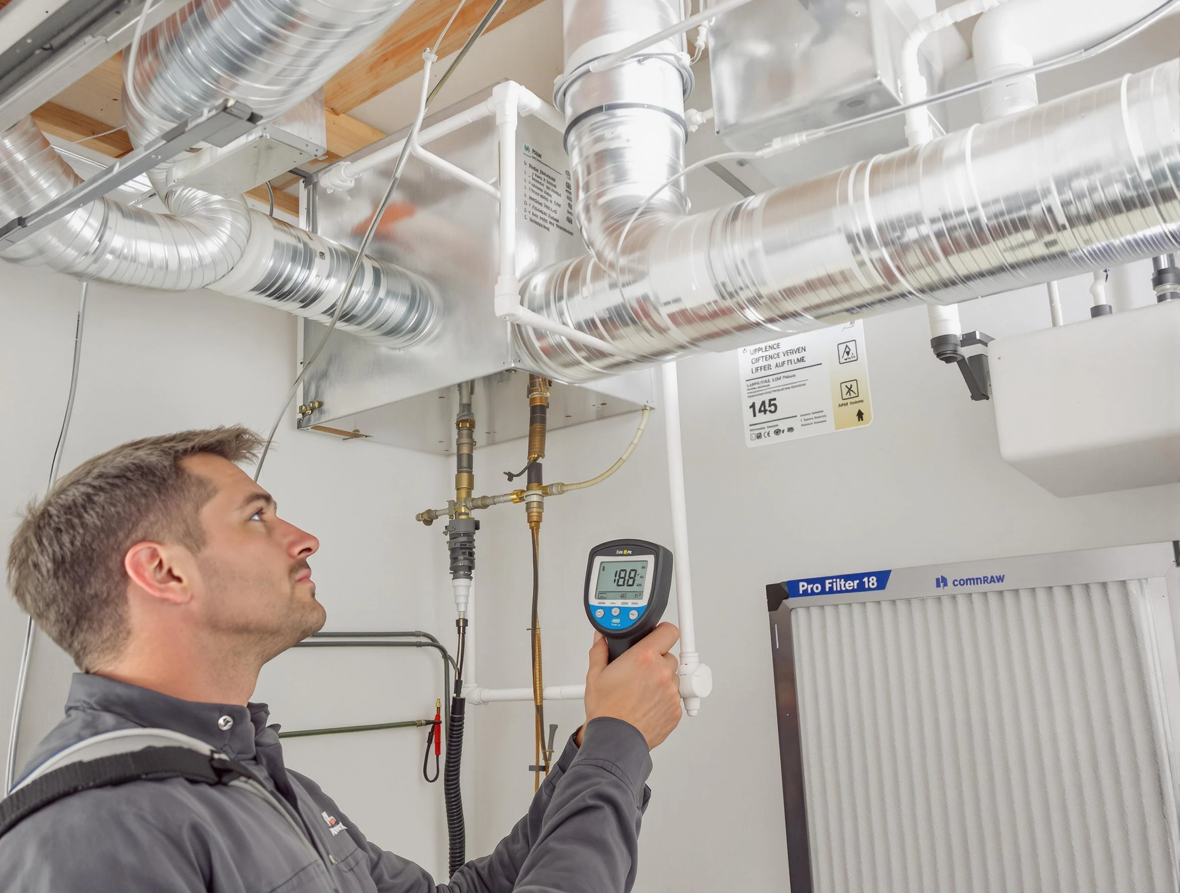 Danvers Air Duct Cleaning expert conducting detailed filter system inspection using diagnostic tools in Danvers